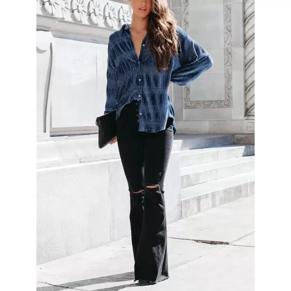 imagechouyatou Womens Shirred Velvet Long Lantern Sleeve Button Down Shirt Blouse TopsBlue
