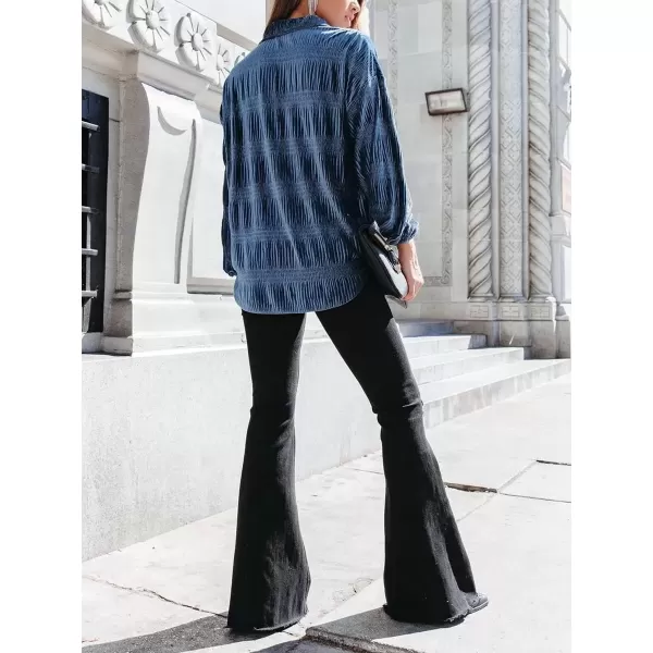 imagechouyatou Womens Shirred Velvet Long Lantern Sleeve Button Down Shirt Blouse TopsBlue