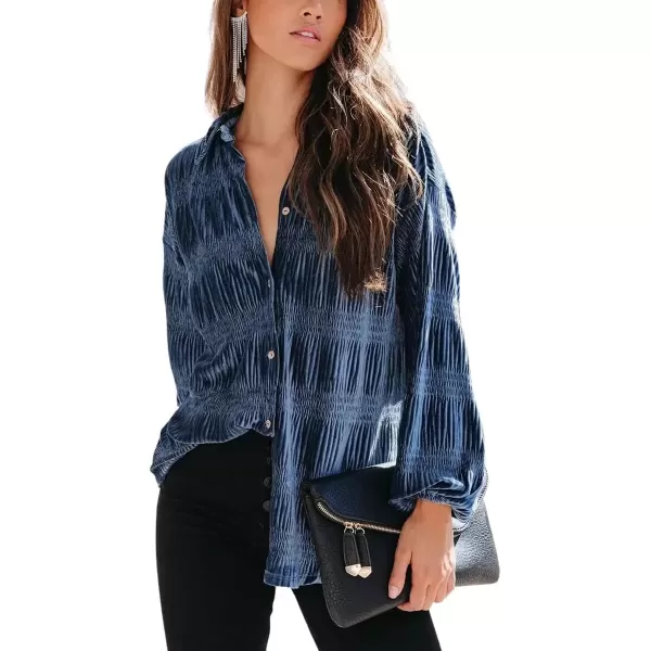imagechouyatou Womens Shirred Velvet Long Lantern Sleeve Button Down Shirt Blouse TopsBlue