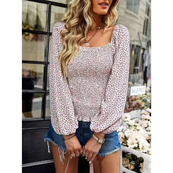imagechouyatou Womens Smocked Square Neck Long Sleeve Floral Print Flounce Tops Blouse ShirtApricot