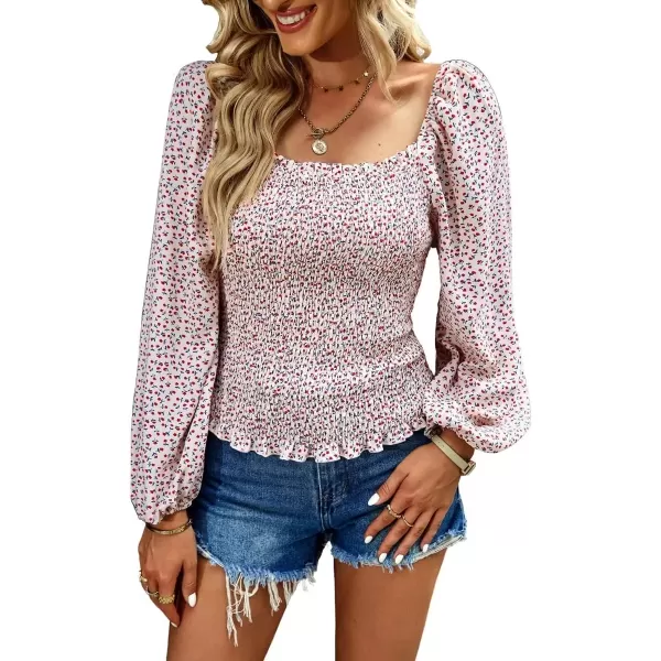 imagechouyatou Womens Smocked Square Neck Long Sleeve Floral Print Flounce Tops Blouse ShirtApricot