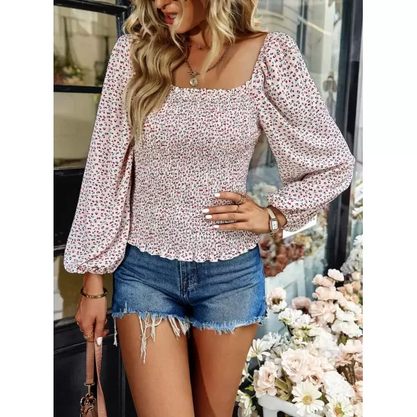 imagechouyatou Womens Smocked Square Neck Long Sleeve Floral Print Flounce Tops Blouse ShirtApricot