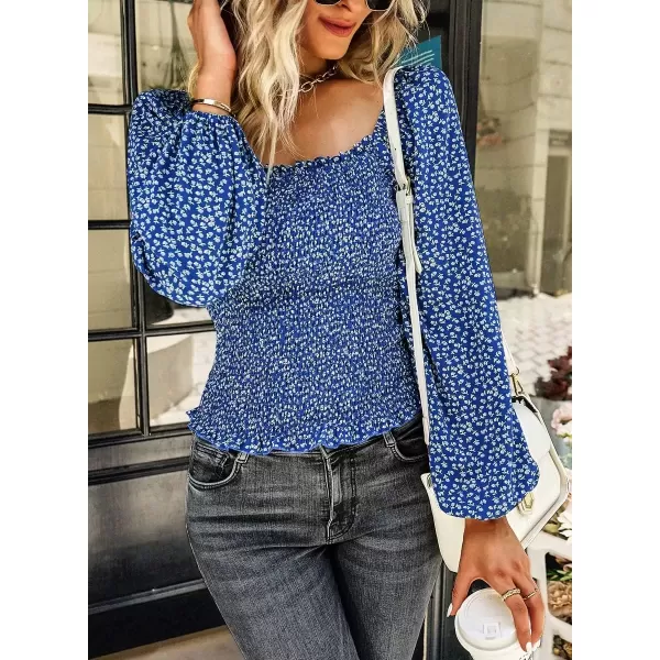 imagechouyatou Womens Smocked Square Neck Long Sleeve Floral Print Flounce Tops Blouse ShirtBlue