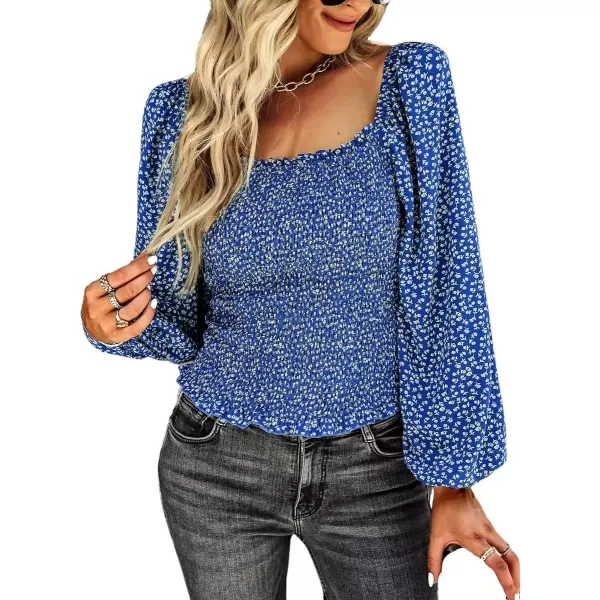imagechouyatou Womens Smocked Square Neck Long Sleeve Floral Print Flounce Tops Blouse ShirtBlue
