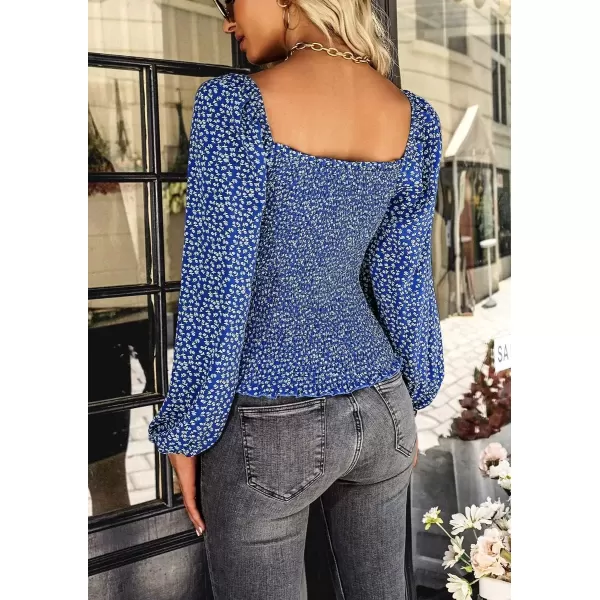 imagechouyatou Womens Smocked Square Neck Long Sleeve Floral Print Flounce Tops Blouse ShirtBlue