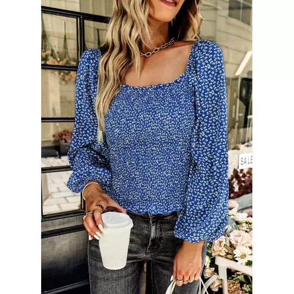 imagechouyatou Womens Smocked Square Neck Long Sleeve Floral Print Flounce Tops Blouse ShirtBlue