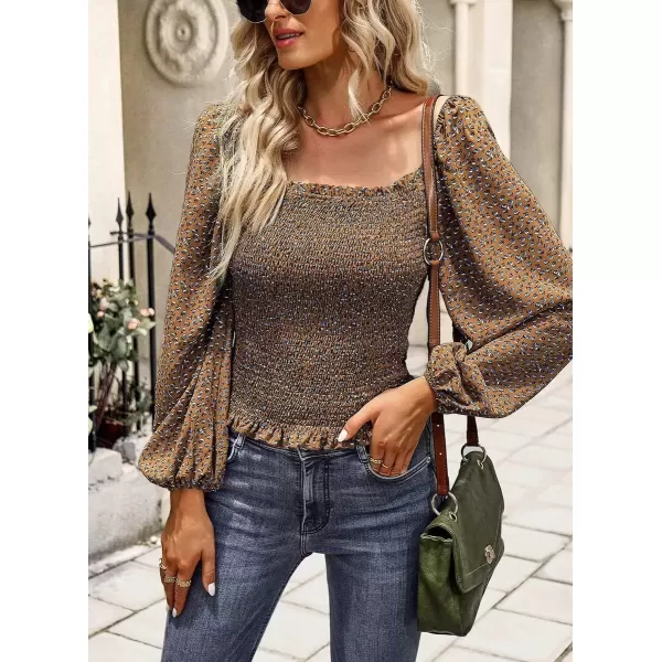imagechouyatou Womens Smocked Square Neck Long Sleeve Floral Print Flounce Tops Blouse ShirtBrown