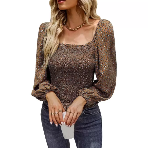 imagechouyatou Womens Smocked Square Neck Long Sleeve Floral Print Flounce Tops Blouse ShirtBrown