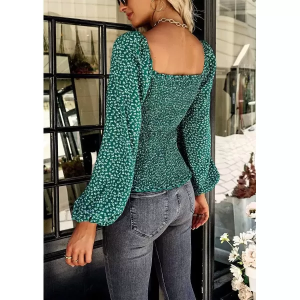 imagechouyatou Womens Smocked Square Neck Long Sleeve Floral Print Flounce Tops Blouse ShirtGreen