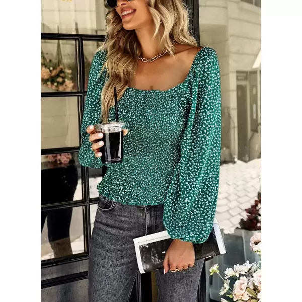 imagechouyatou Womens Smocked Square Neck Long Sleeve Floral Print Flounce Tops Blouse ShirtGreen