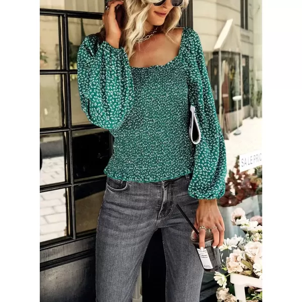 imagechouyatou Womens Smocked Square Neck Long Sleeve Floral Print Flounce Tops Blouse ShirtGreen