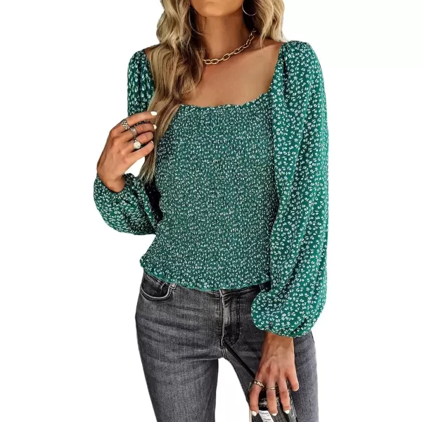 imagechouyatou Womens Smocked Square Neck Long Sleeve Floral Print Flounce Tops Blouse ShirtGreen