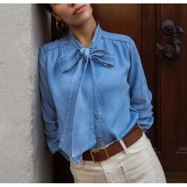 imagechouyatou Womens Spring Bow Tie Neck Button Down Denim Shirts Business Casual Tops Office BlousesBlue