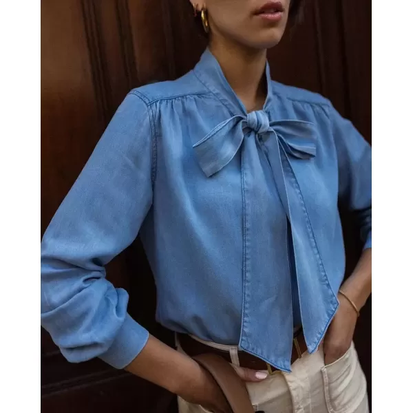 imagechouyatou Womens Spring Bow Tie Neck Button Down Denim Shirts Business Casual Tops Office BlousesBlue