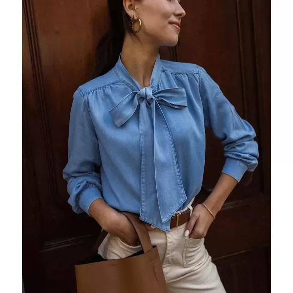 imagechouyatou Womens Spring Bow Tie Neck Button Down Denim Shirts Business Casual Tops Office BlousesBlue