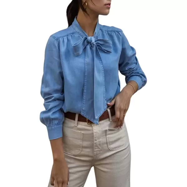 imagechouyatou Womens Spring Bow Tie Neck Button Down Denim Shirts Business Casual Tops Office BlousesBlue
