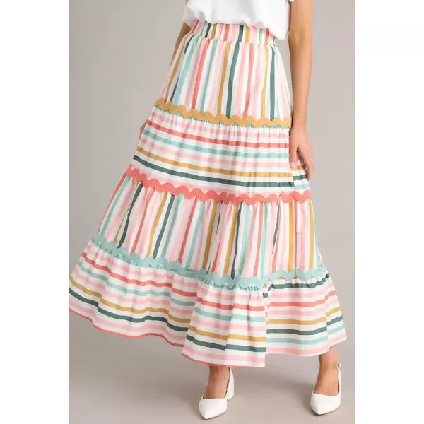 imagechouyatou Womens Summer ALine Flared Midi Skirt Color Block Striped High Waist Pleated Swing Long SkirtsPink