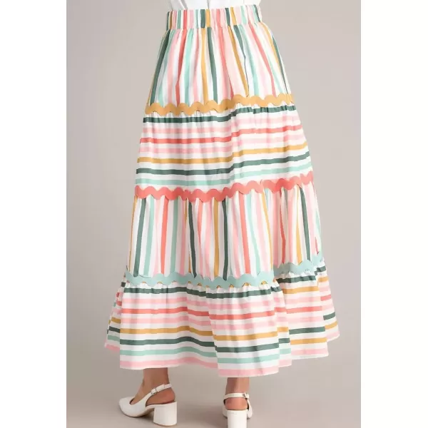 imagechouyatou Womens Summer ALine Flared Midi Skirt Color Block Striped High Waist Pleated Swing Long SkirtsPink