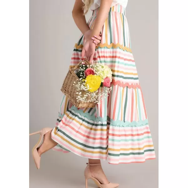 imagechouyatou Womens Summer ALine Flared Midi Skirt Color Block Striped High Waist Pleated Swing Long SkirtsPink