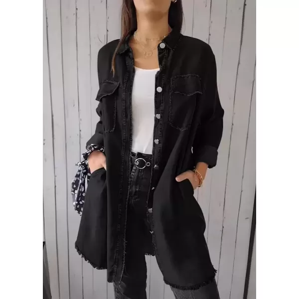 imagechouyatou Womens Summer Distressed Button Down Denim Shirts Business Casual Tops Jean Office BlousesBlack