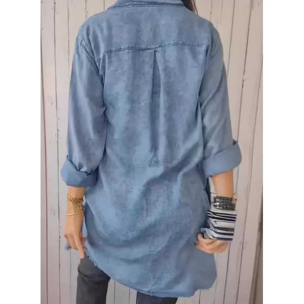 imagechouyatou Womens Summer Distressed Button Down Denim Shirts Business Casual Tops Jean Office BlousesBlue