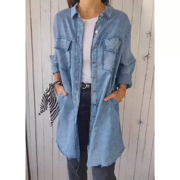 imagechouyatou Womens Summer Distressed Button Down Denim Shirts Business Casual Tops Jean Office BlousesBlue