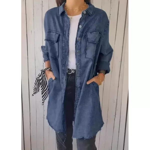 imagechouyatou Womens Summer Distressed Button Down Denim Shirts Business Casual Tops Jean Office BlousesDark Blue