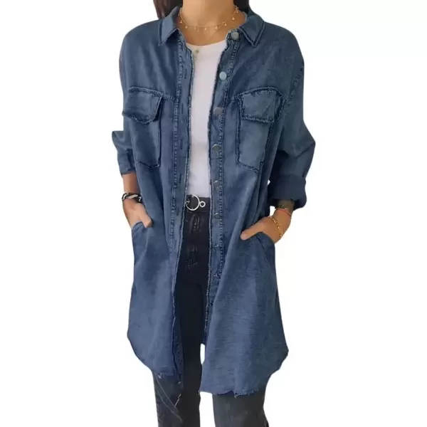 imagechouyatou Womens Summer Distressed Button Down Denim Shirts Business Casual Tops Jean Office BlousesDark Blue