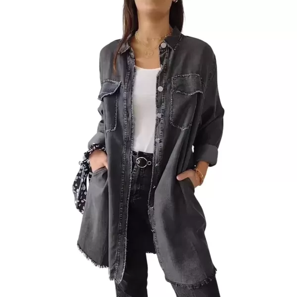 imagechouyatou Womens Summer Distressed Button Down Denim Shirts Business Casual Tops Jean Office BlousesDark Grey