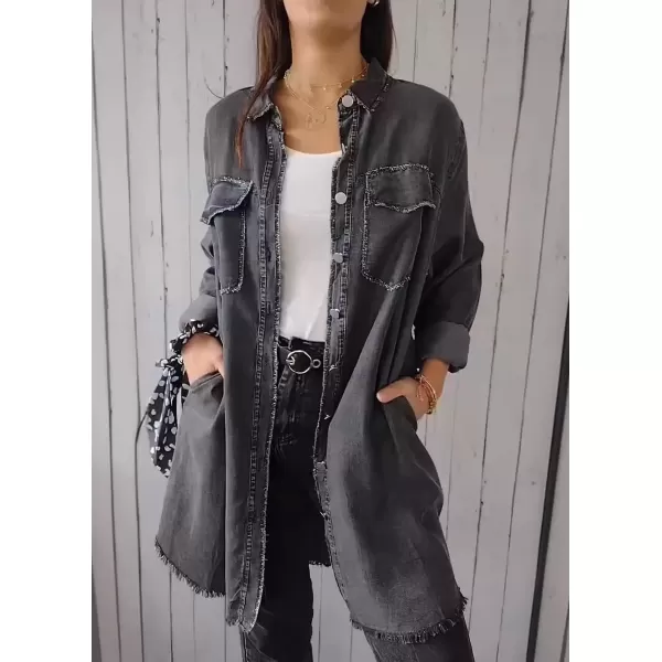 imagechouyatou Womens Summer Distressed Button Down Denim Shirts Business Casual Tops Jean Office BlousesDark Grey