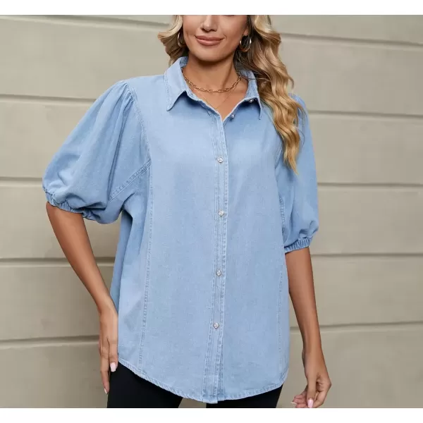 imagechouyatou Womens Summer Puff Sleeve Denim Shirt Business Casual Tops Lightweight Jean BlouseLight Blue