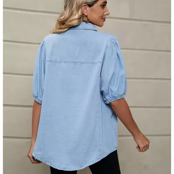 imagechouyatou Womens Summer Puff Sleeve Denim Shirt Business Casual Tops Lightweight Jean BlouseLight Blue