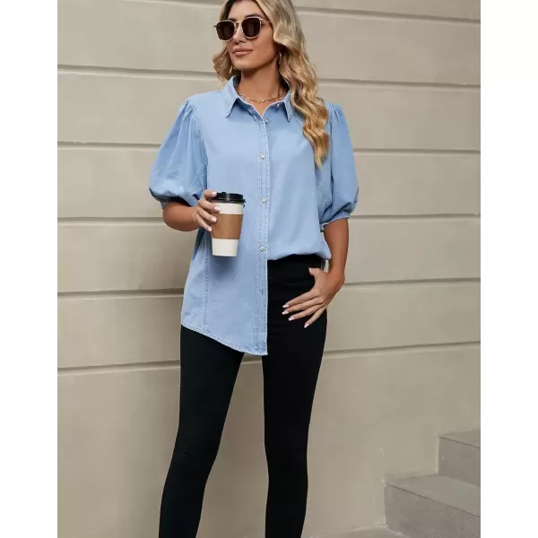 imagechouyatou Womens Summer Puff Sleeve Denim Shirt Business Casual Tops Lightweight Jean BlouseLight Blue