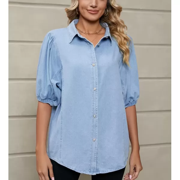 imagechouyatou Womens Summer Puff Sleeve Denim Shirt Business Casual Tops Lightweight Jean BlouseLight Blue