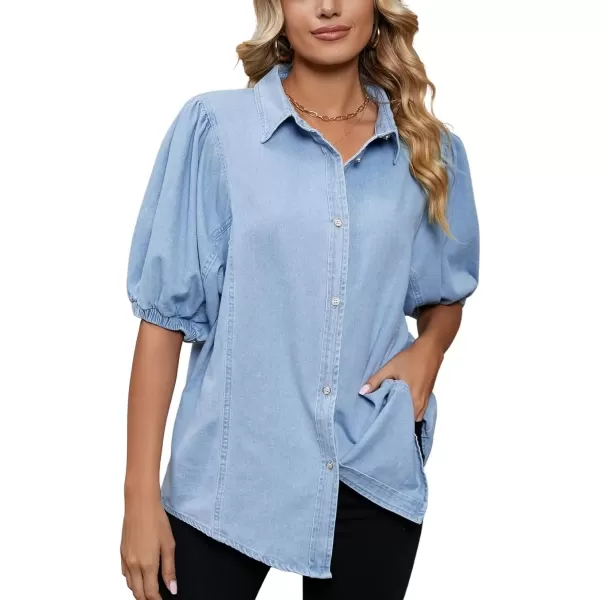 imagechouyatou Womens Summer Puff Sleeve Denim Shirt Business Casual Tops Lightweight Jean BlouseLight Blue