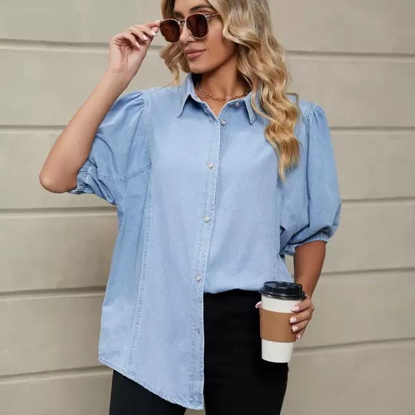 imagechouyatou Womens Summer Puff Sleeve Denim Shirt Business Casual Tops Lightweight Jean BlouseLight Blue