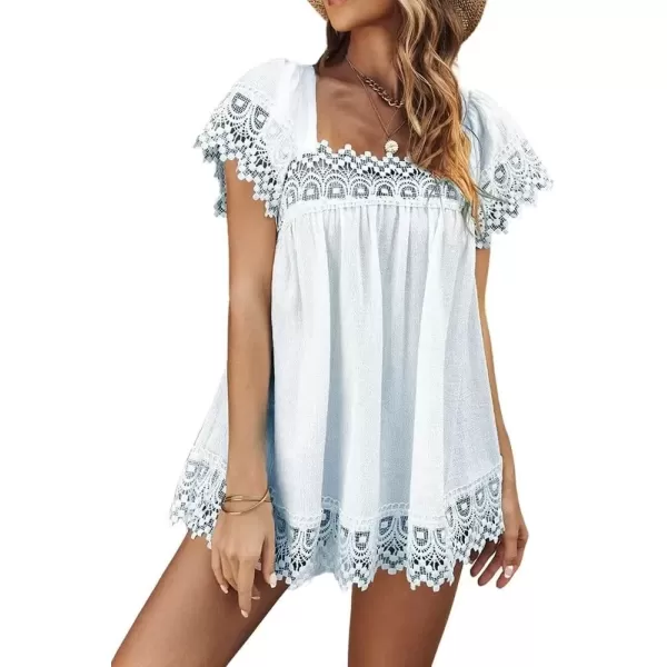 imagechouyatou Womens Summer Square Neck Flutter Sleeve Lace Splicing Babydoll Tunic Top TShirtBlue