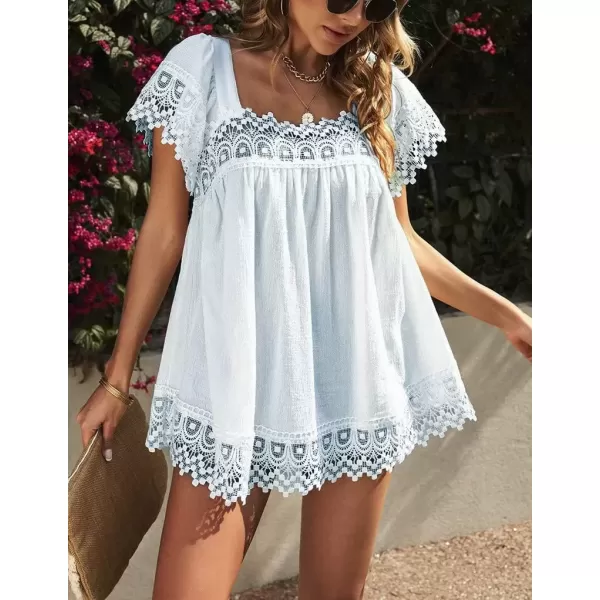 imagechouyatou Womens Summer Square Neck Flutter Sleeve Lace Splicing Babydoll Tunic Top TShirtBlue