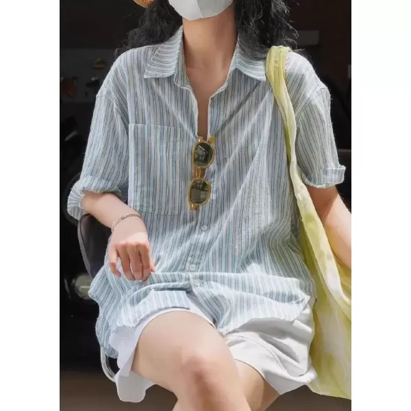 imagechouyatou Womens Summer Striped Button Down Shirt Business Casual Short Sleeve Tops BlousesBlue