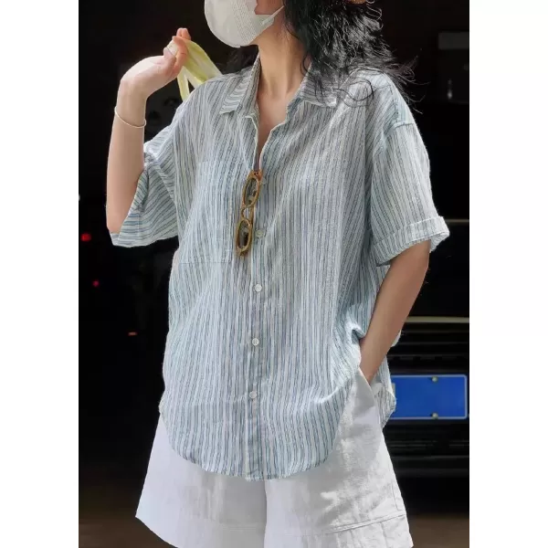 imagechouyatou Womens Summer Striped Button Down Shirt Business Casual Short Sleeve Tops BlousesBlue
