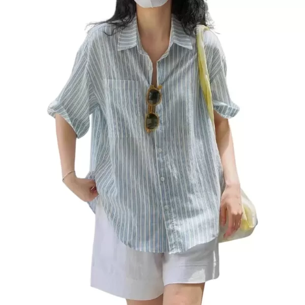 imagechouyatou Womens Summer Striped Button Down Shirt Business Casual Short Sleeve Tops BlousesBlue