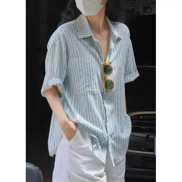 imagechouyatou Womens Summer Striped Button Down Shirt Business Casual Short Sleeve Tops BlousesBlue