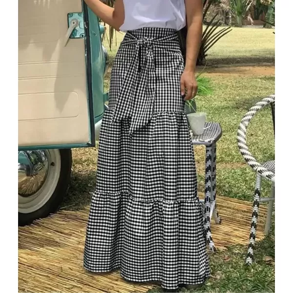 imagechouyatou Womens Tie Knot Plaid Maxi Skirt ALine Swing Ruffle Skirt Vintage Gingham Long SkirtsBlack
