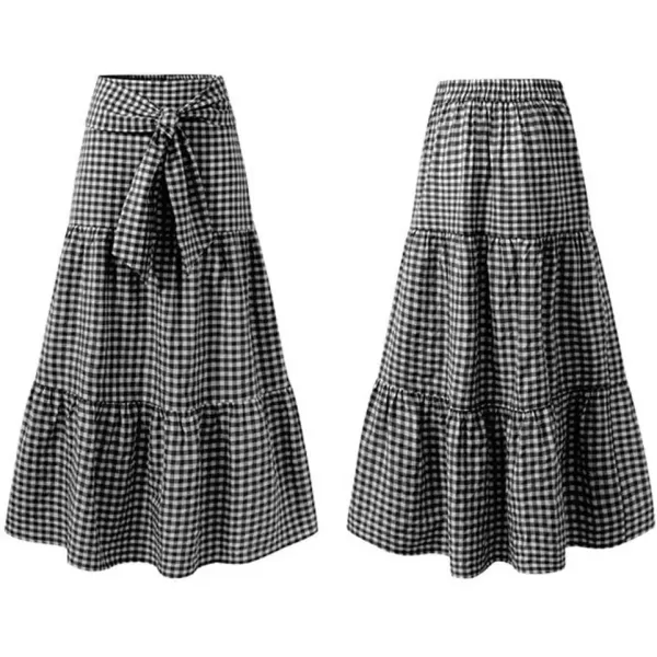 imagechouyatou Womens Tie Knot Plaid Maxi Skirt ALine Swing Ruffle Skirt Vintage Gingham Long SkirtsBlack