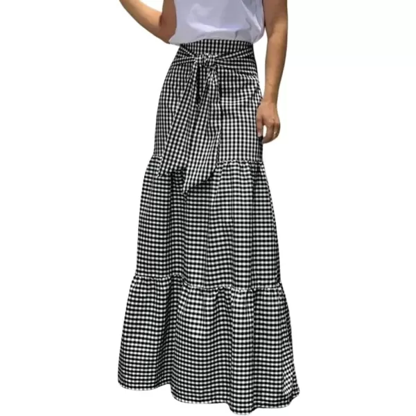 imagechouyatou Womens Tie Knot Plaid Maxi Skirt ALine Swing Ruffle Skirt Vintage Gingham Long SkirtsBlack