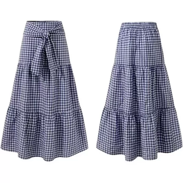 imagechouyatou Womens Tie Knot Plaid Maxi Skirt ALine Swing Ruffle Skirt Vintage Gingham Long SkirtsBlue