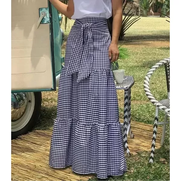 imagechouyatou Womens Tie Knot Plaid Maxi Skirt ALine Swing Ruffle Skirt Vintage Gingham Long SkirtsBlue