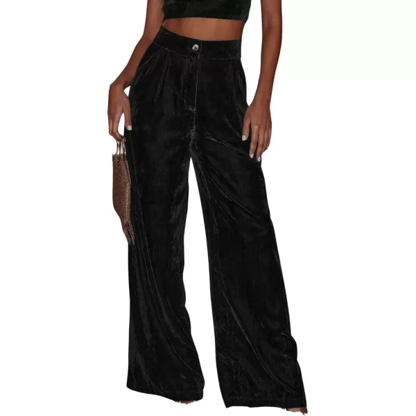 imagechouyatou Womens Velvet Wide Leg Dress Pants High Elastic Waist Business Casual Palazzo Pants with PocketsBlack