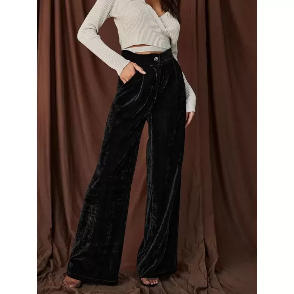 imagechouyatou Womens Velvet Wide Leg Dress Pants High Elastic Waist Business Casual Palazzo Pants with PocketsBlack
