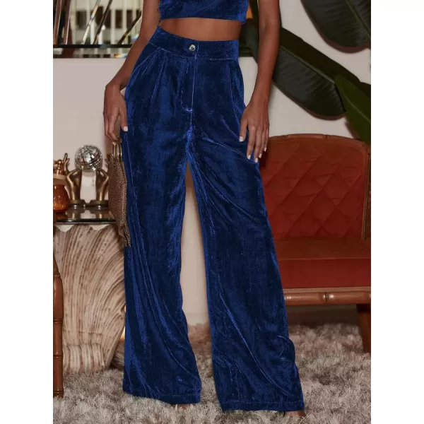 imagechouyatou Womens Velvet Wide Leg Dress Pants High Elastic Waist Business Casual Palazzo Pants with PocketsBlue